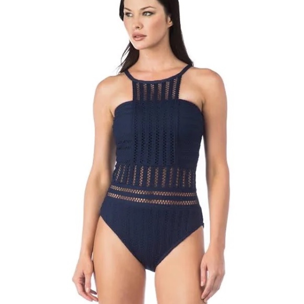 Kenneth Cole High Neck Mesh One Piece Bathing Suit Size S